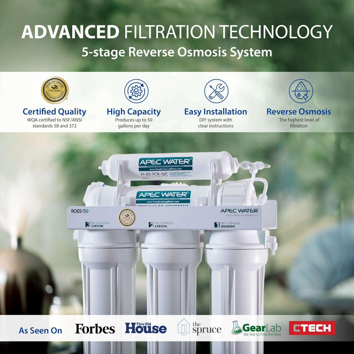 APEC Water ROES-50 5-stage filtration reducing impurities in tap water