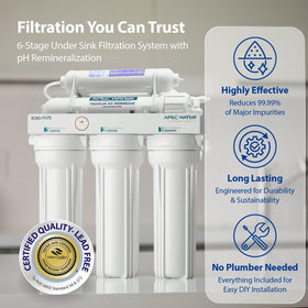 APEC Water ROES-PH75 six-stage cartridges ensure consistent filtration and reliable kitchen water