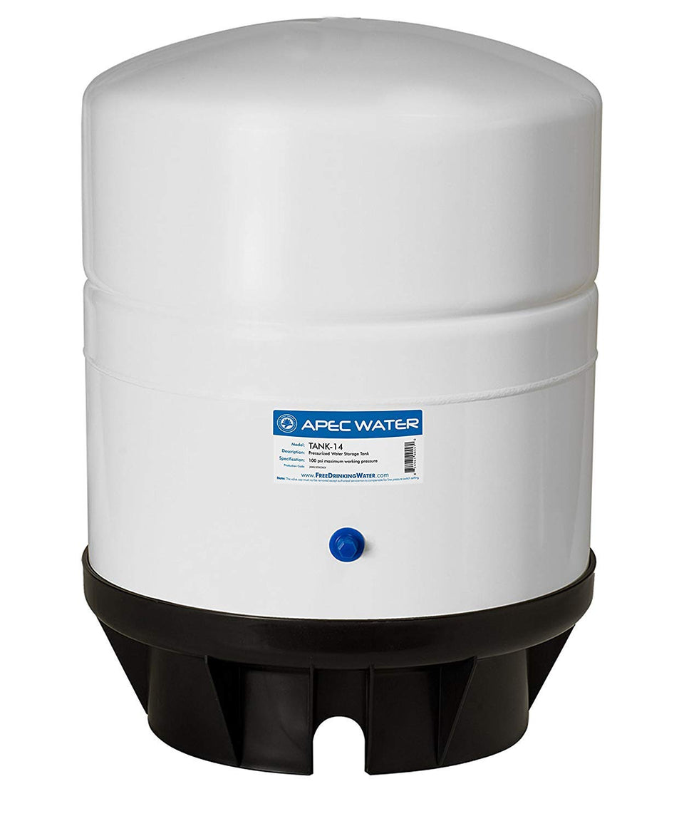 APEC Water 14-Gallon Tank storage shown with vertical setup for steady purified water supply.