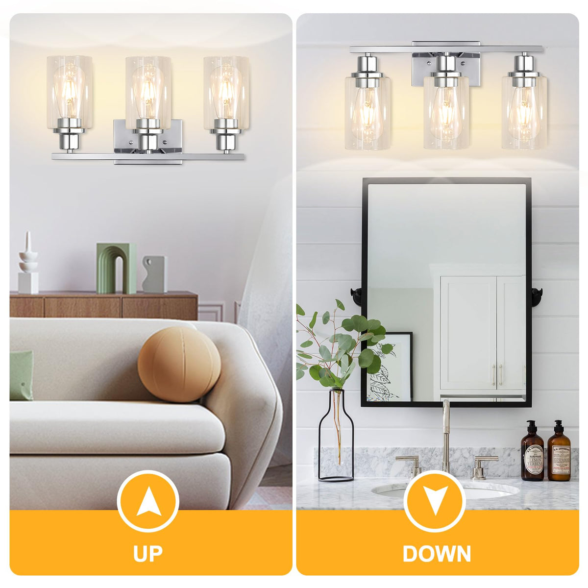Apenath vanity light featuring clear glass shades for bright, even illumination.