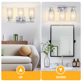 Apenath vanity light featuring clear glass shades for bright, even illumination.