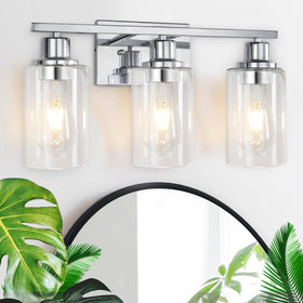 Apenath 3-light vanity light with polished chrome finish brightens modern bathrooms.