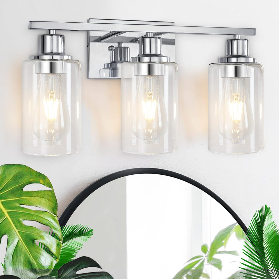 Apenath 3-light vanity light with polished chrome finish brightens modern bathrooms.