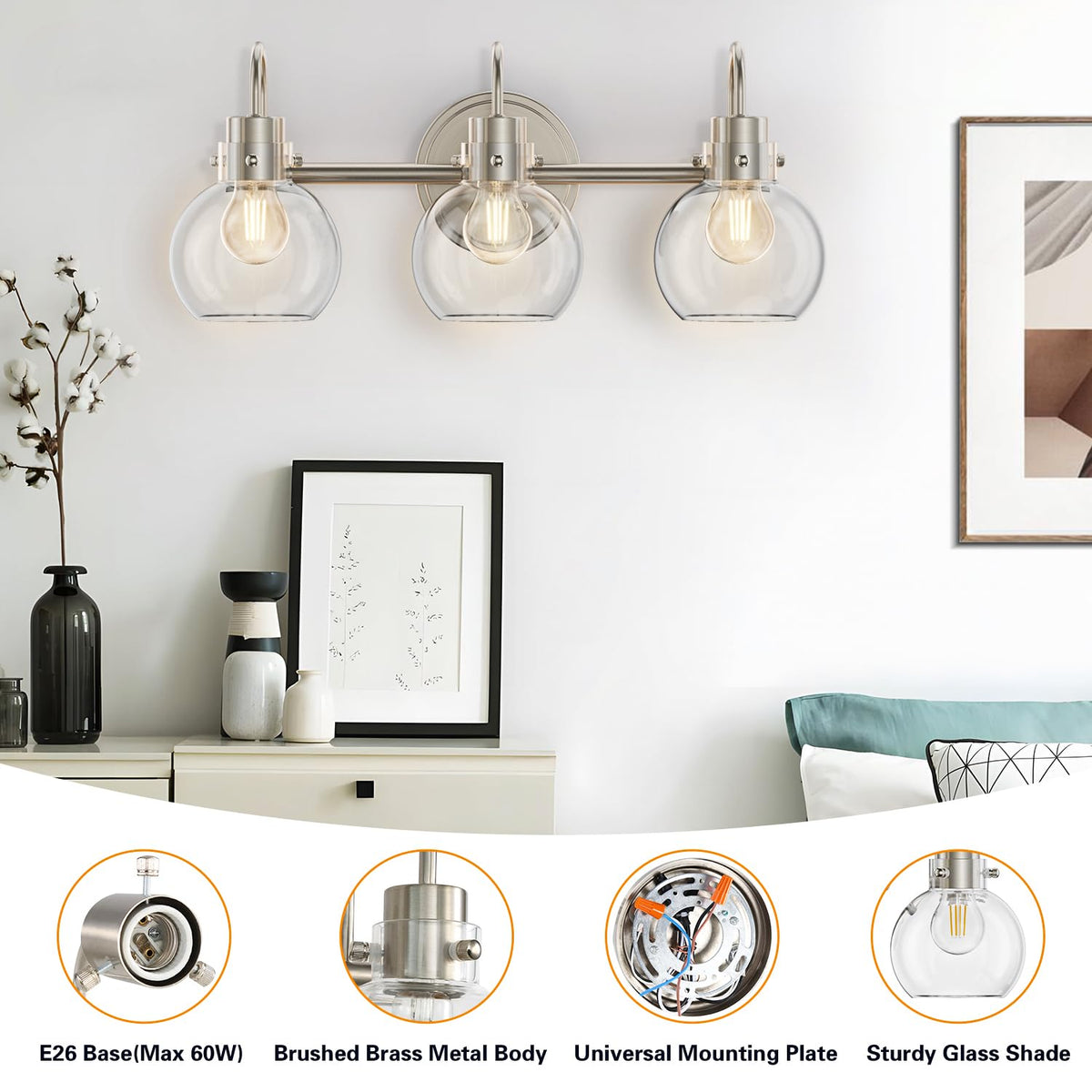 Apenath vanity light with brushed nickel finish and clear globe shade for modern style.