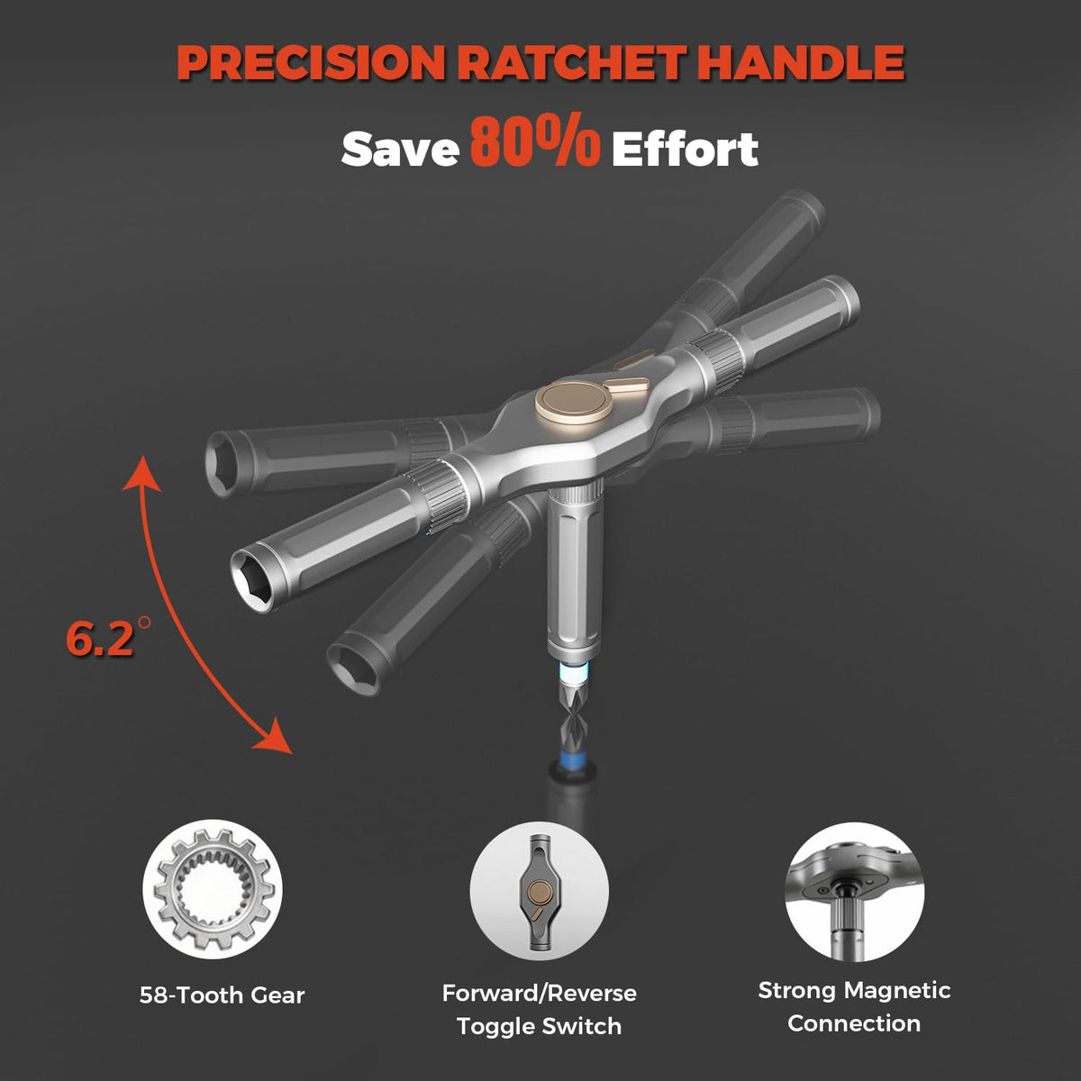 ApexSelect 58-tooth ratchet enables smooth turning in tight spaces for fast work.