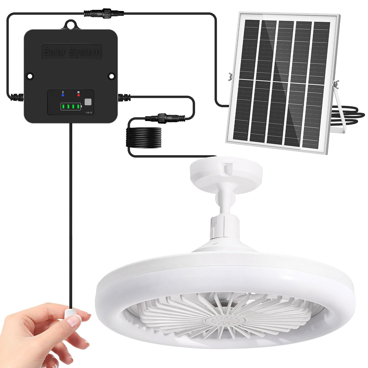 APILAB 10.2-in solar ceiling fan with light exterior panel for off-grid cooling.