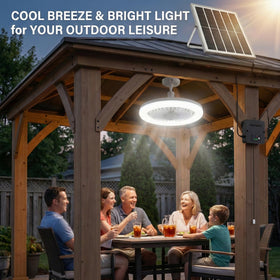 APILAB solar ceiling fan with light mounted inside shed for daytime comfort.