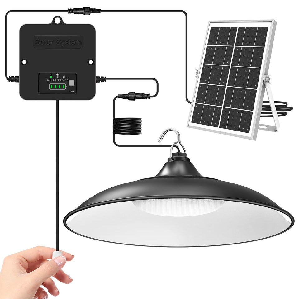 APILAB Solar Shed Light pendant provides bright, reliable illumination for workshops.