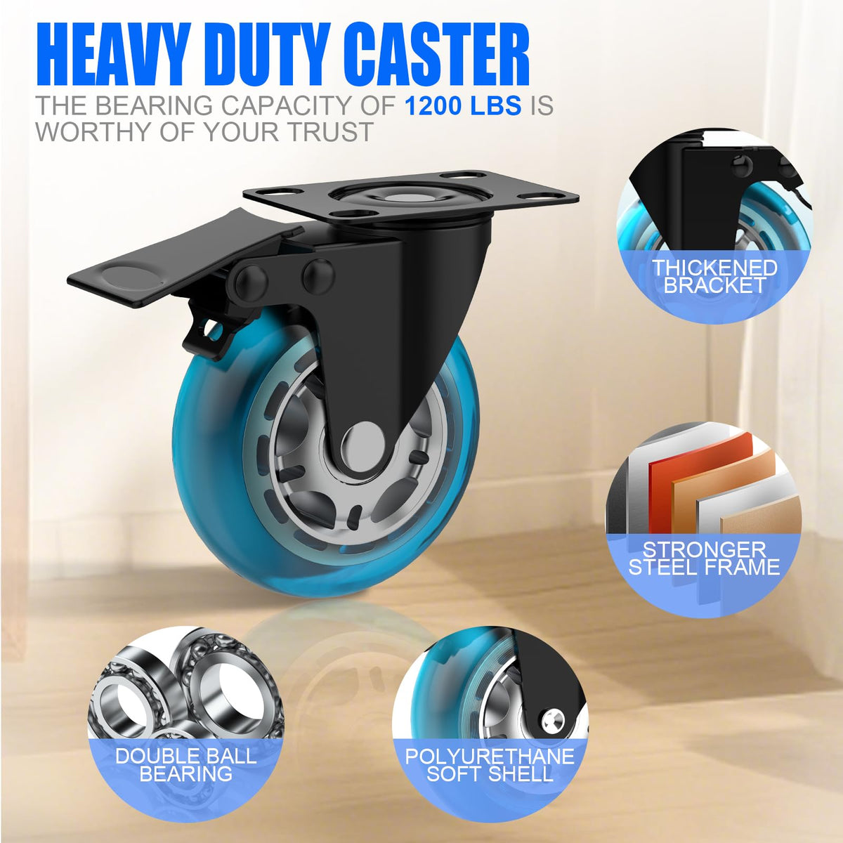 Apllamo polyurethane wheels glide quietly, reducing floor noise.