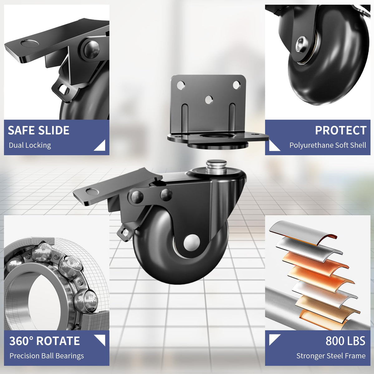 Aplamo bearing-supported caster wheel set ensures smooth rotation on carts and cabinets.