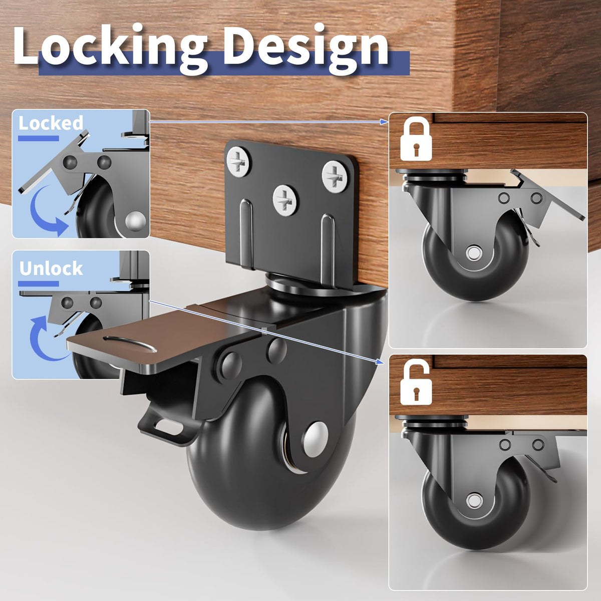 Aplamo non-marking thermoplastic rubber caster protects floors while reducing movement noise.