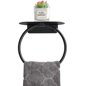 APLusee matte black towel ring with shelf front view for easy towel and phone storage.