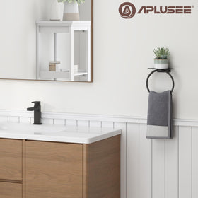 APLusee matte black towel ring with shelf on wall mount saves bathroom space.