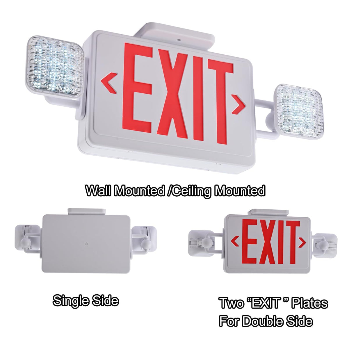 Apmeetlux red exit sign with twin heads and 360-degree rotation.