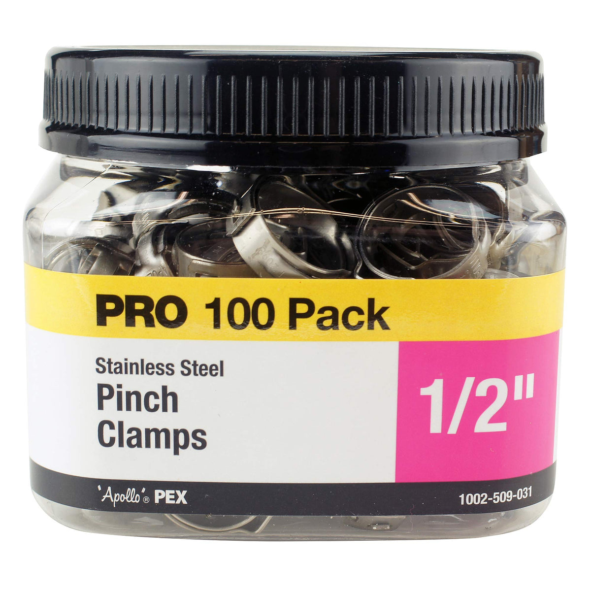 ApolloPEX stainless steel pinch clamp in a 100-pack jar for reliable PEX connections.