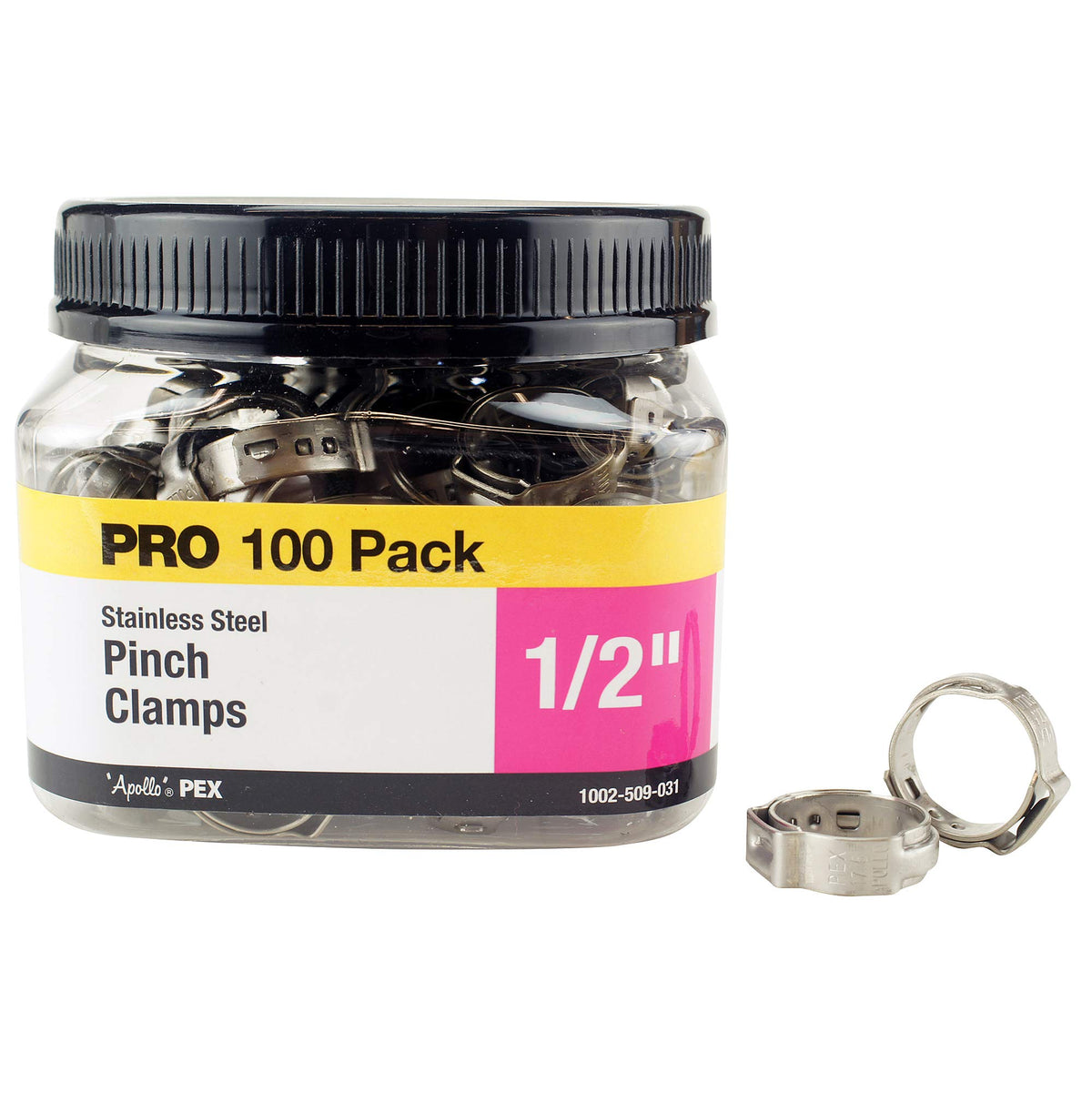 Close-up of ApolloPEX stainless steel pinch clamp highlighting corrosion-resistant steel for durable piping.