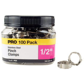 Close-up of ApolloPEX stainless steel pinch clamp highlighting corrosion-resistant steel for durable piping.