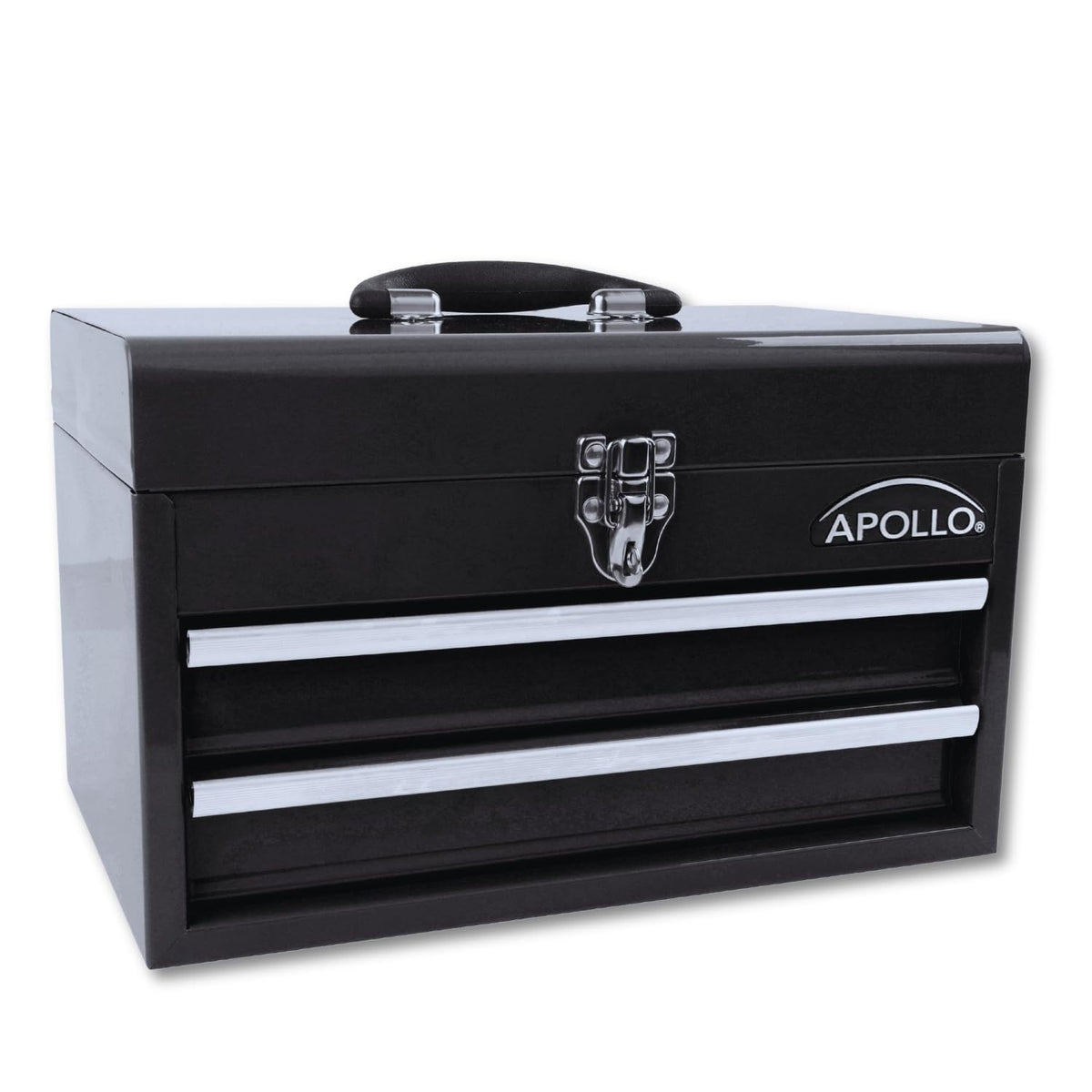 Apollo Tools 14in steel tool box with deep top compartment for extra gear storage.