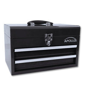 Apollo Tools 14in steel tool box with deep top compartment for extra gear storage.