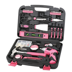 Apollo Tools pink hand tools set case open, organized for quick access during home projects.