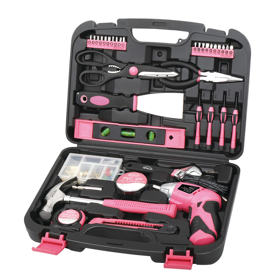 Apollo Tools pink hand tools set case open, organized for quick access during home projects.