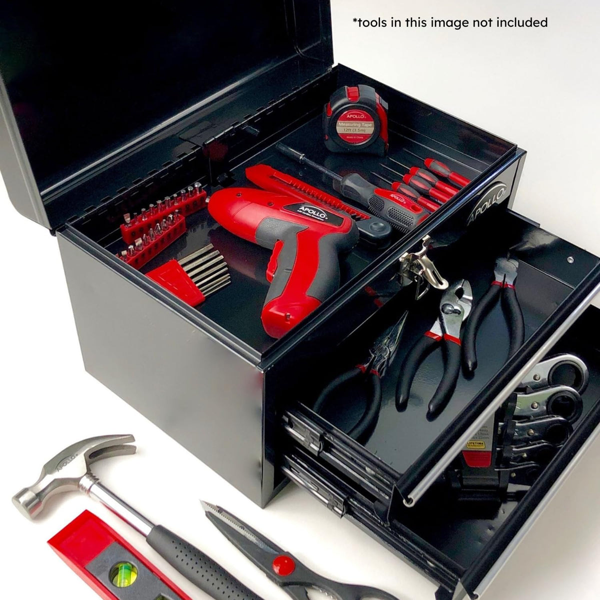 Apollo Tools steel box with two drawers and ball-bearing opening for smooth access.