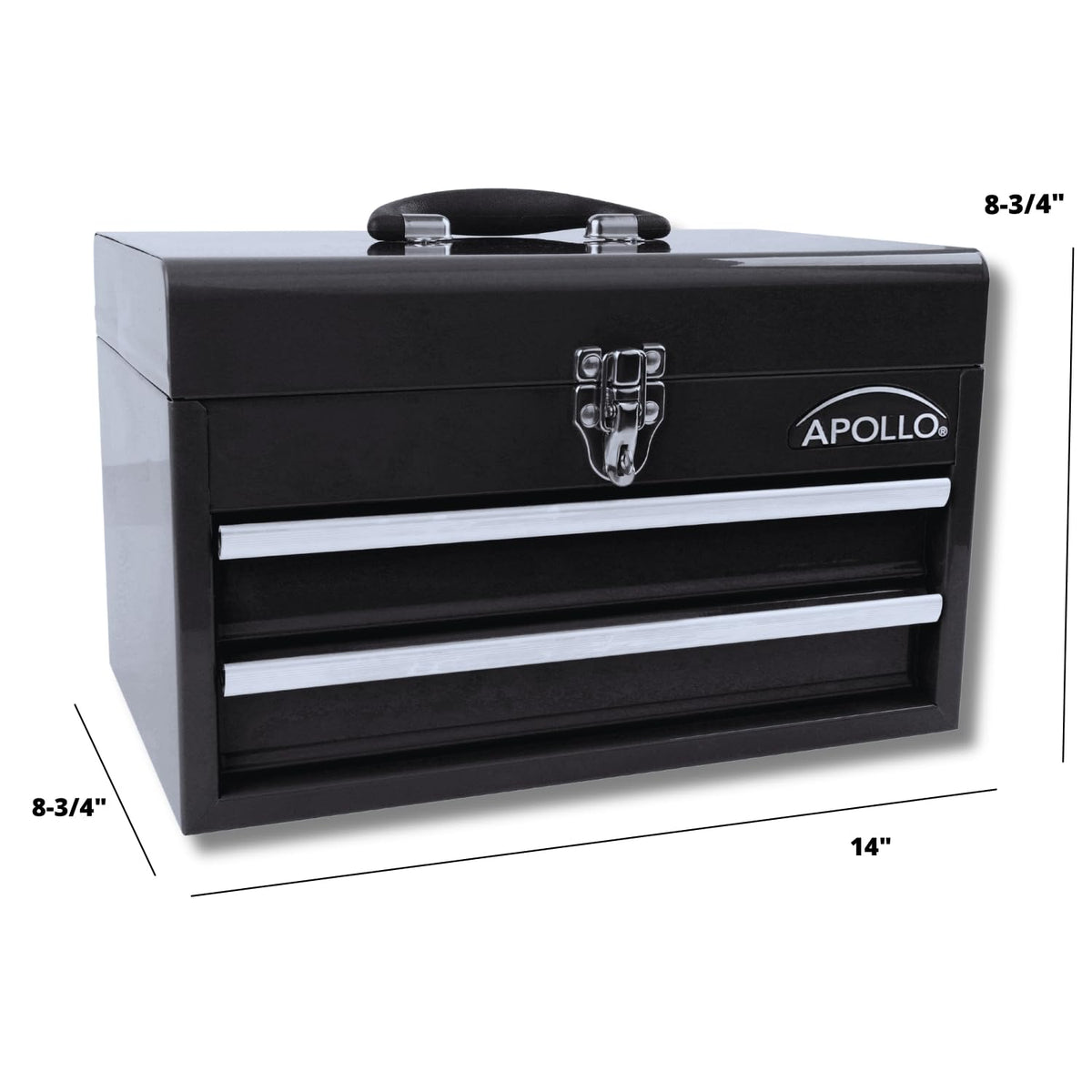Powder-coated black steel toolbox with a portable handle for easy transport.