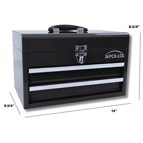 Powder-coated black steel toolbox with a portable handle for easy transport.