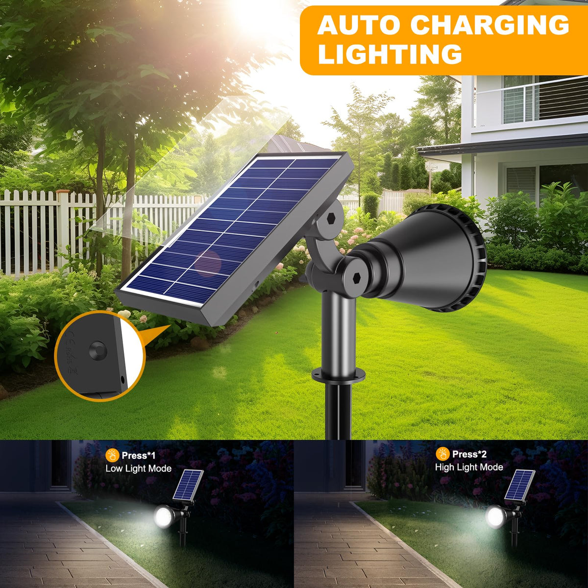 APOMAO solar spot light auto on/off with two modes.