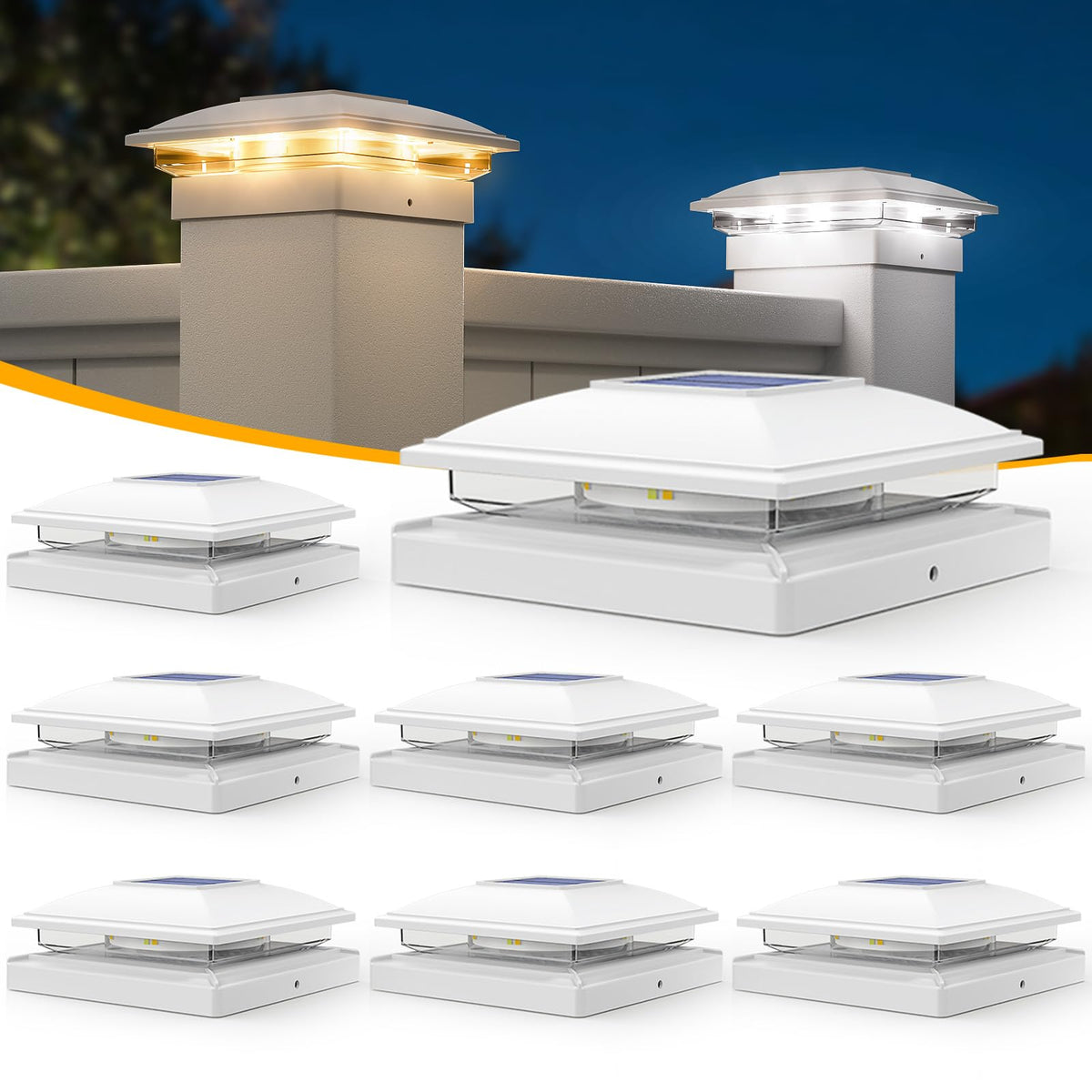 APONUO 8-pack solar post cap lights with warm and cool modes for outdoor lighting.