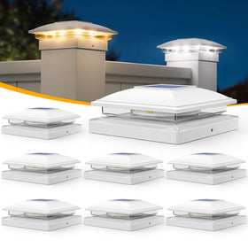 APONUO 8-pack solar post cap lights with warm and cool modes for outdoor lighting.