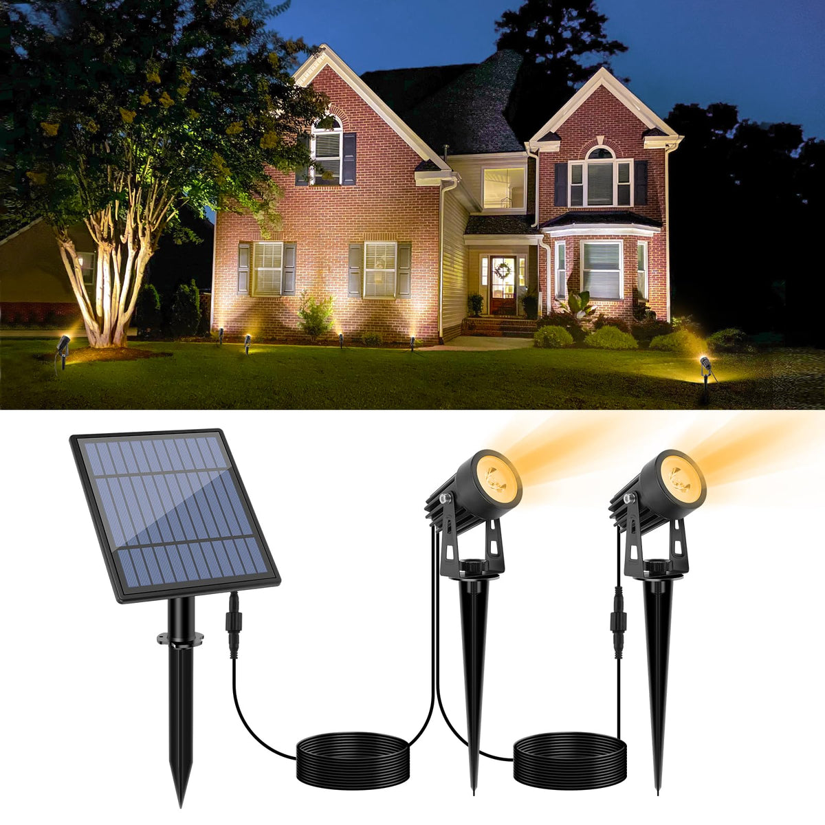 APONUO metal solar spotlight seen from the front, bright garden entry lighting