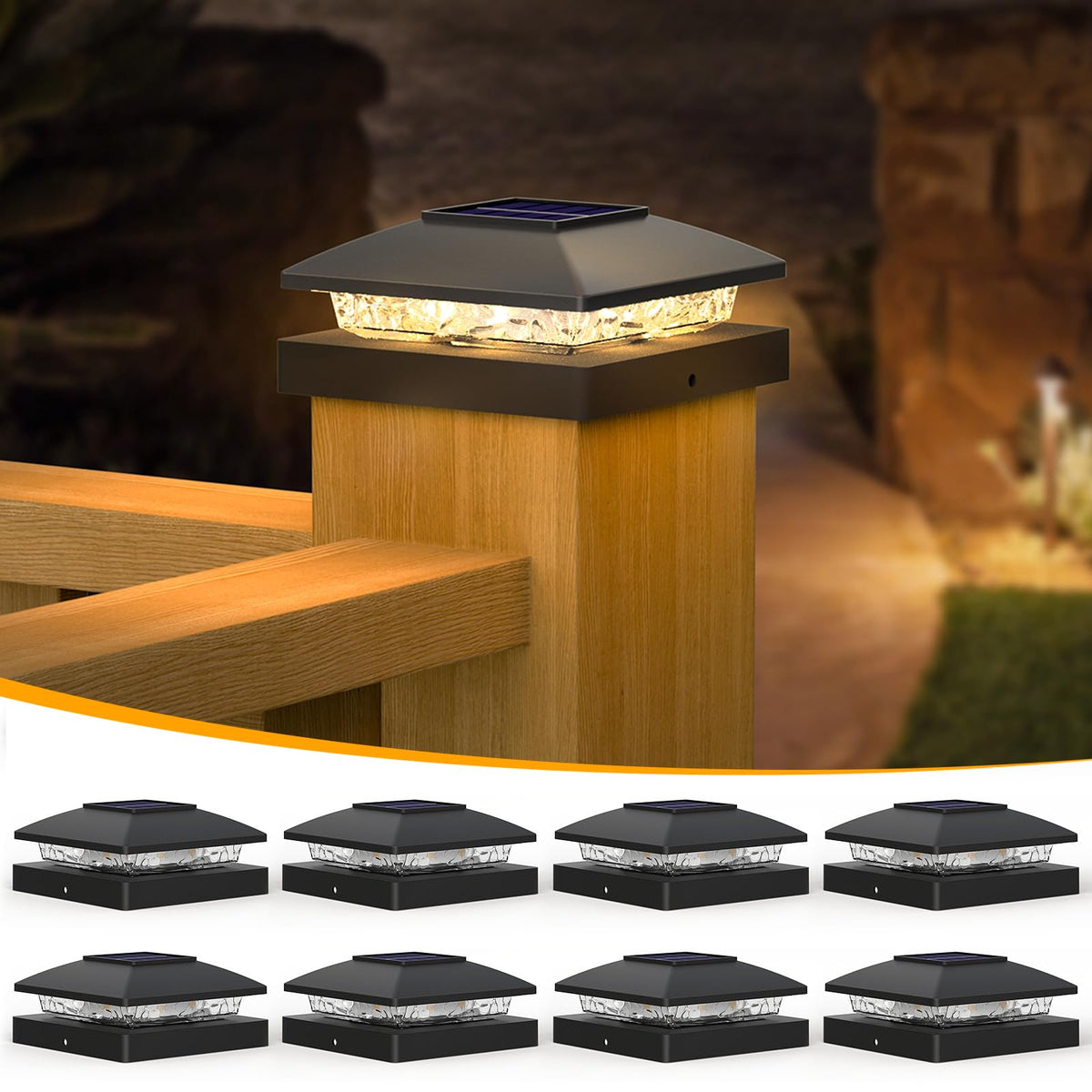 APONUO solar post cap lights with 4x4 fit illuminate wooden posts at dusk, easy installation.