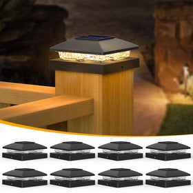 APONUO solar post cap lights with 4x4 fit illuminate wooden posts at dusk, easy installation.