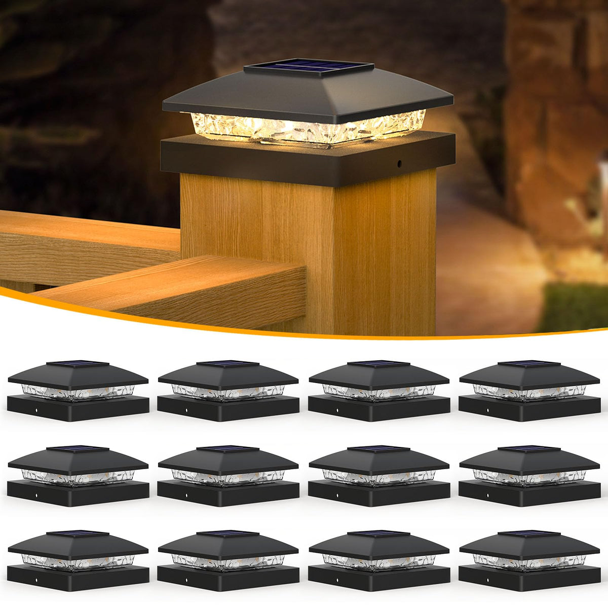 APONUO solar post cap light on 4x4 posts provides soft warm illumination for outdoor spaces.