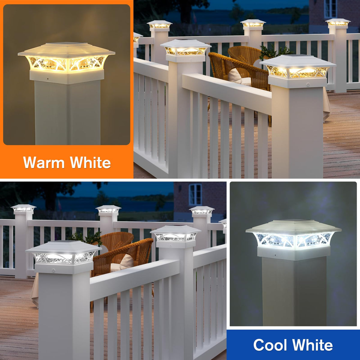 APONUO solar post cap light on a 5x5 post brightens decks and fences.