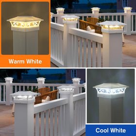 APONUO solar post cap light on a 5x5 post brightens decks and fences.