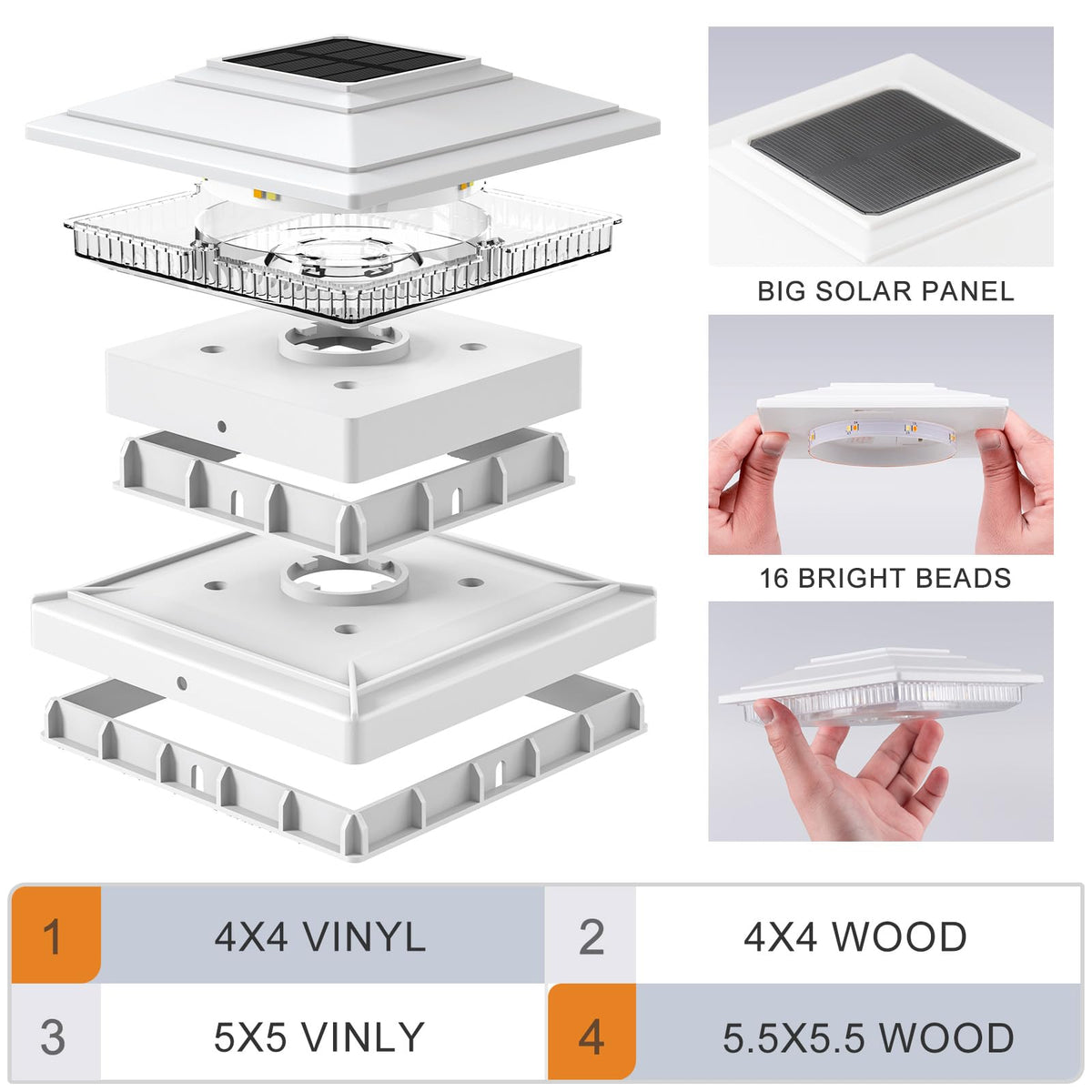 APONUO solar post cap light for 6x6 vinyl posts enhances nighttime safety.