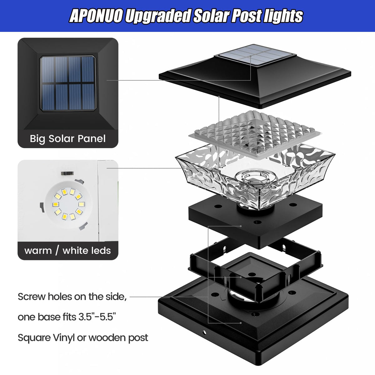 APONOUO 6x6 wood post cap light creates safe, visible deck edges
