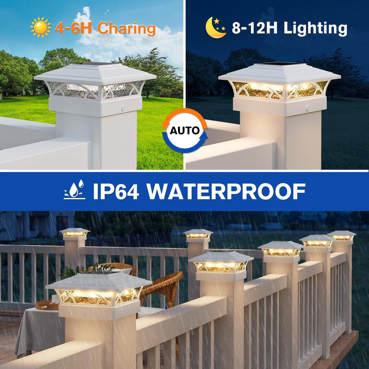 APONUO solar post cap light on a 6x6 post guides nighttime pathways.