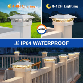 APONUO solar post cap light on a 6x6 post guides nighttime pathways.
