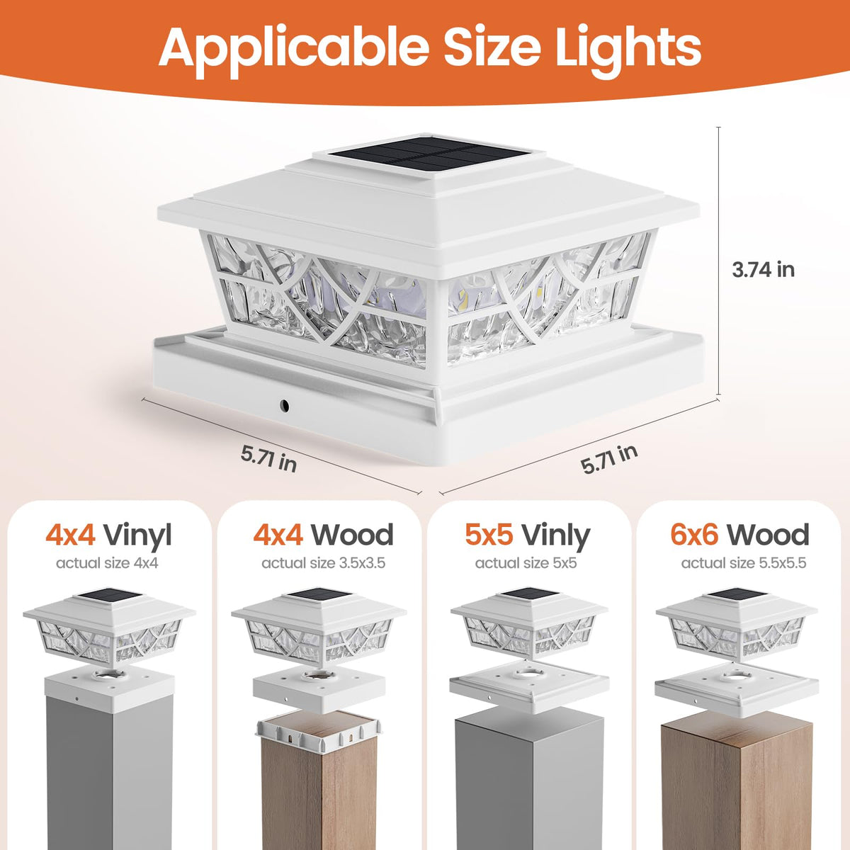 APONUO cool white solar post cap light on a 4x4 fence post for modern look.