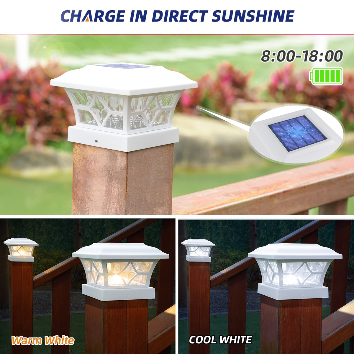APONUO solar post cap lights use a 1000mAh battery for extended runtime.