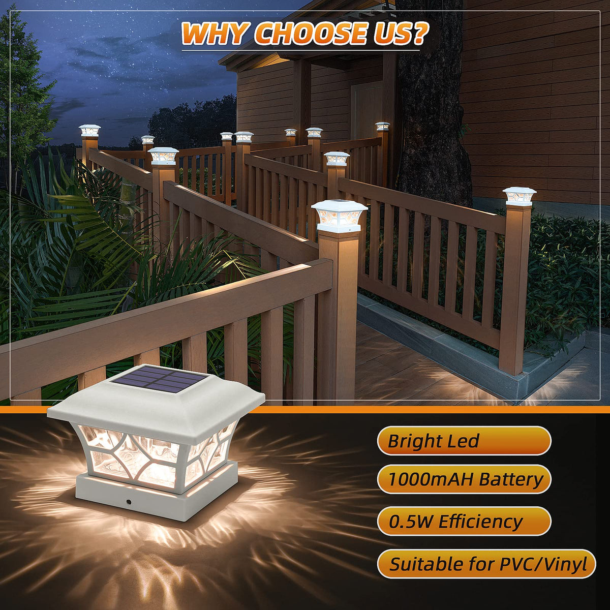 APONUO solar post cap lights auto on at dusk and off at dawn.