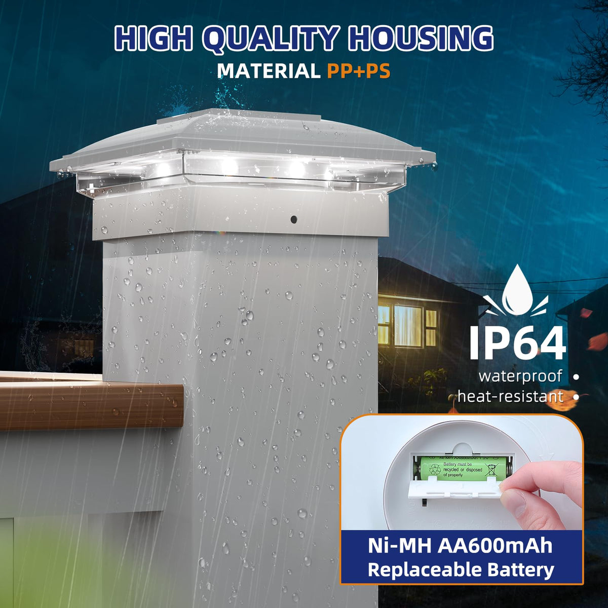 APONUO decorative post cap lights enhancing garden fences and patios with glow.