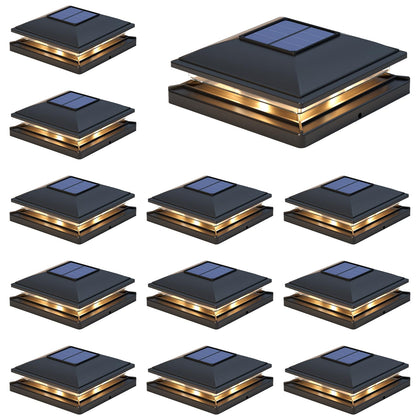 APONUO solar post light on a 4x4 cap showing warm and cool modes for versatile ambiance.