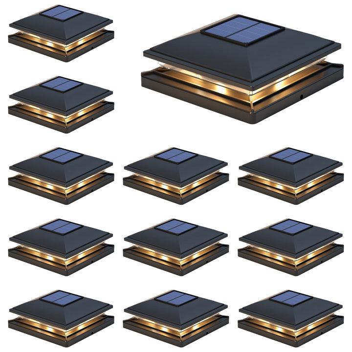 APONUO solar post light on a 4x4 cap showing warm and cool modes for versatile ambiance.