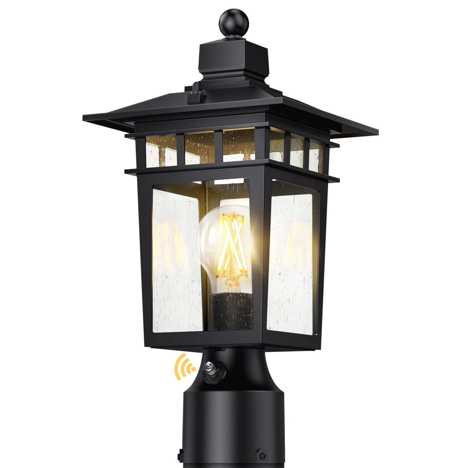 APOTO dusk-to-dawn outdoor post light in black for automatic night lighting.