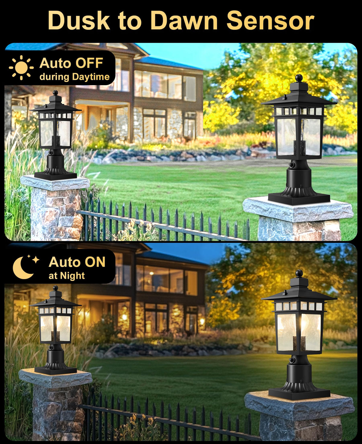 APOTO pole-mount post light demonstrates flexible installation on 3" posts.