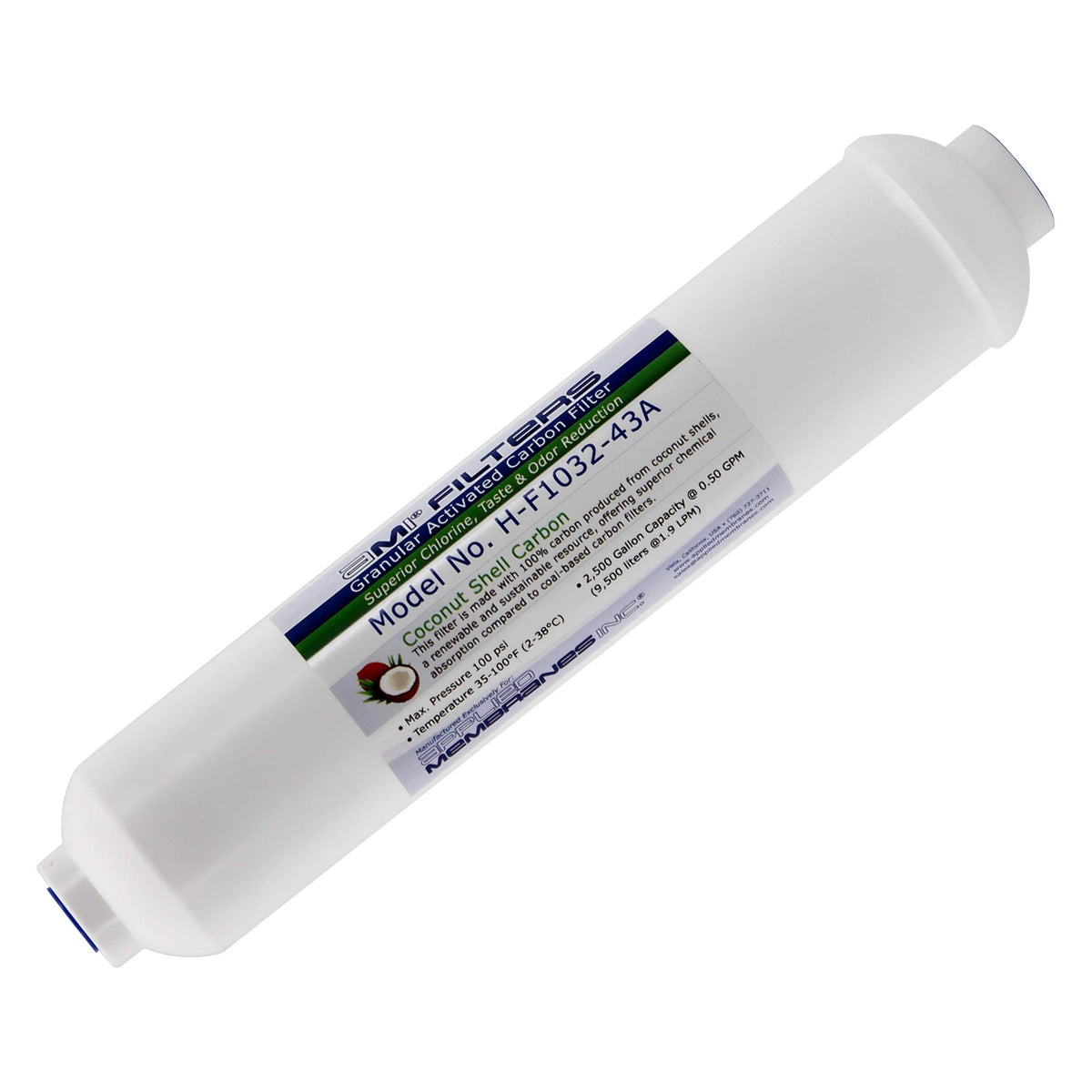 APPLIED MEMBRANES inline carbon water filter 10-inch showing compact housing for improved taste and odor reduction.